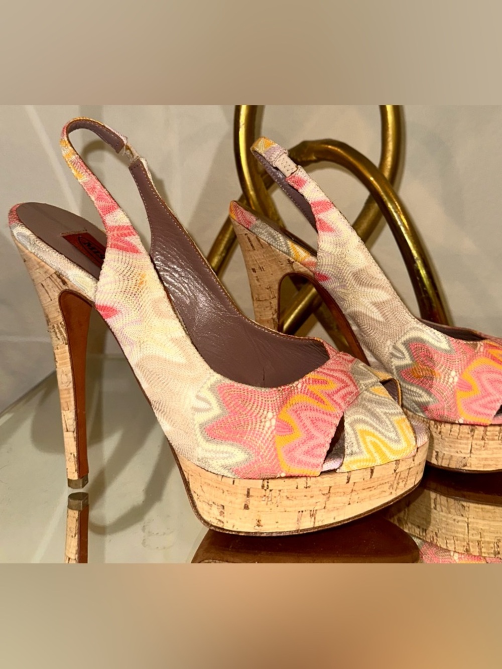 Gorgeous Missoni Multicolor Cork Platform Slingback Heels 38.5 7.5 5.5 inch high